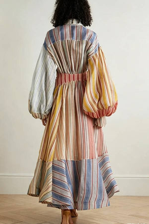 Rainbow Linen Blend Patchwork Striped Button Balloon Sleeve Wrap Shirt Midi Dress