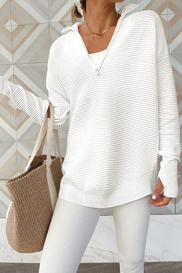 Half-Zip V-Neck Relaxed Rib-Knit Sweater White