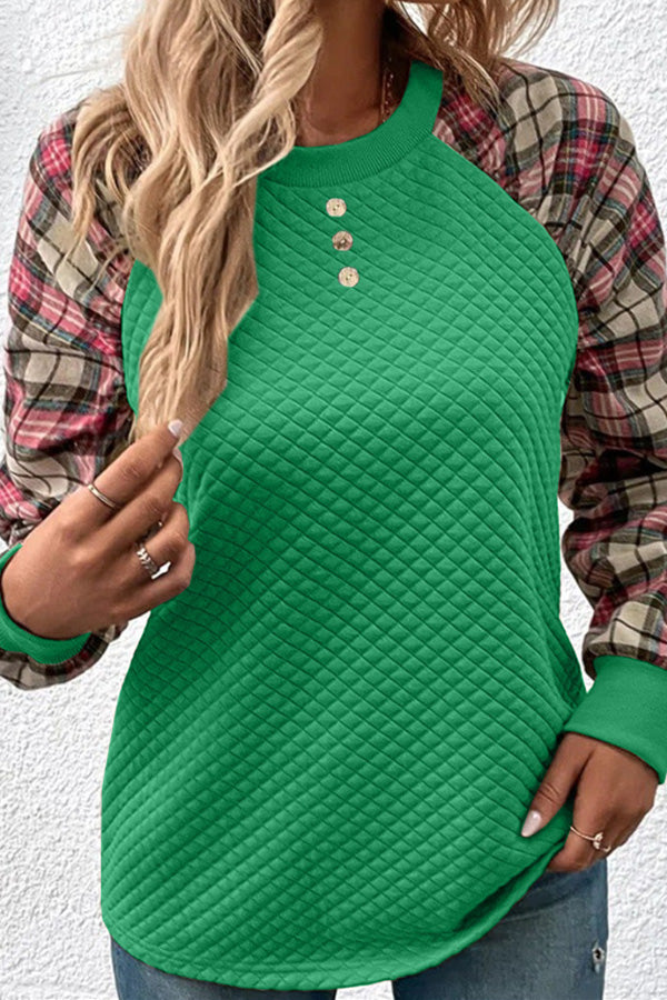 Fashionable diamond plaid patchwork long-sleeved round neck casual sweatshirt Green