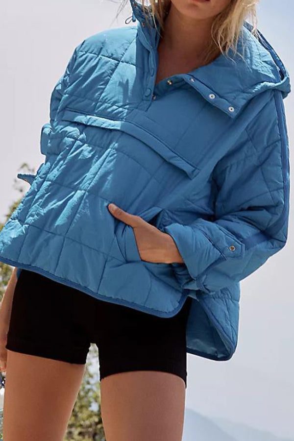 Solid Color Hooded Padded Foldable Padded Pullover Pocket Long Sleeve Jacket Blue