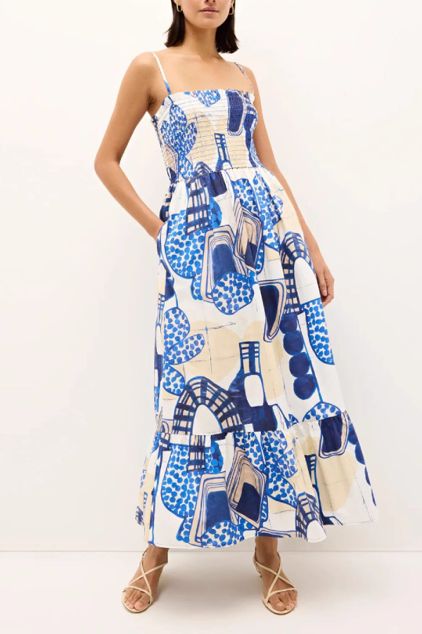 Art Geometric Print Spaghetti Strap Ruffle Midi Dress