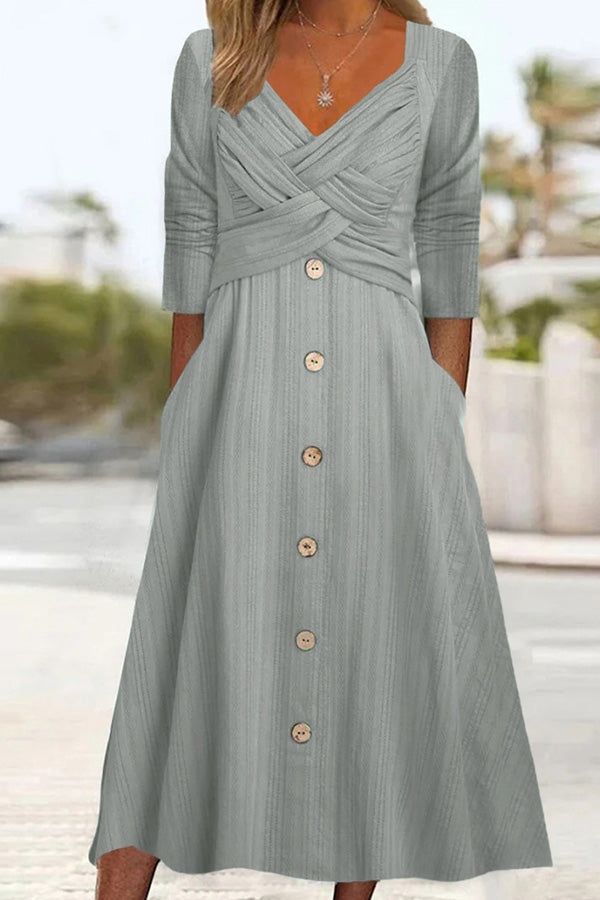 Solid Color Long Sleeve V Neck Cross Button Casual Dress Grey