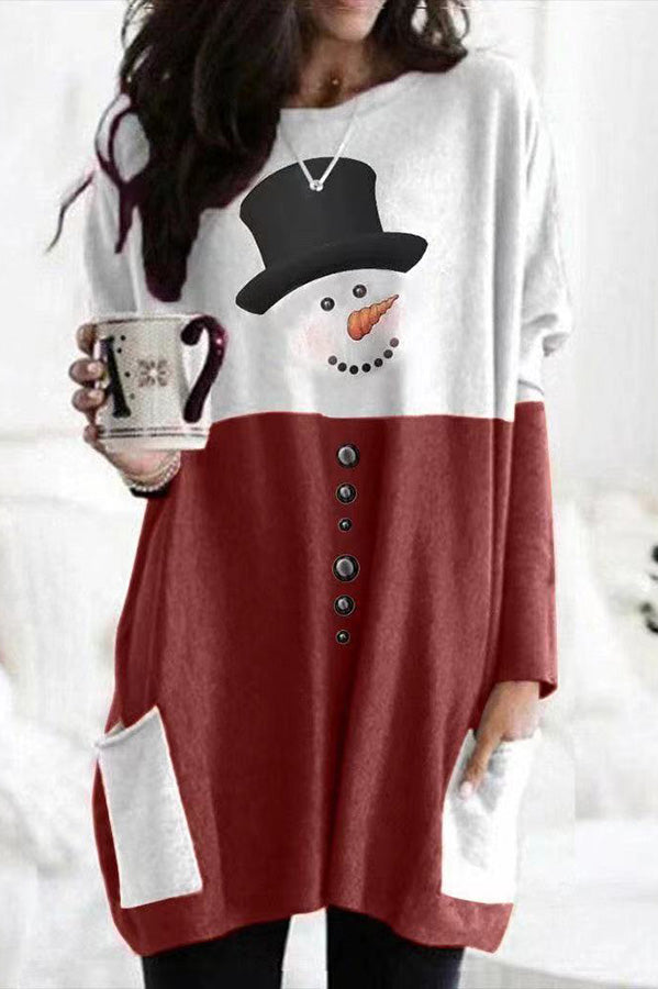 Snowman Print Long Sleeve Pocket Pullover Mini Dress 6