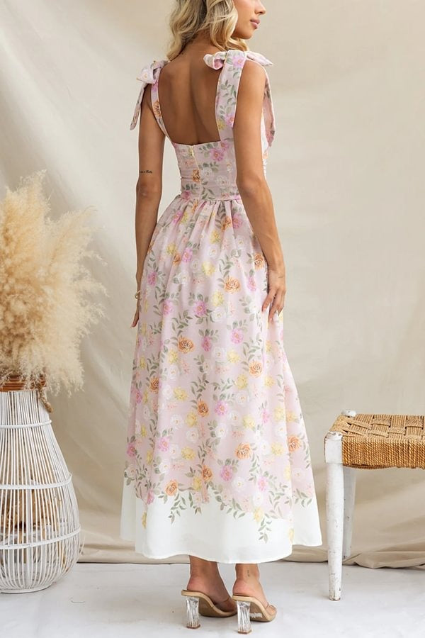 Elegant Floral Print Suspenders Slim Maxi Dress