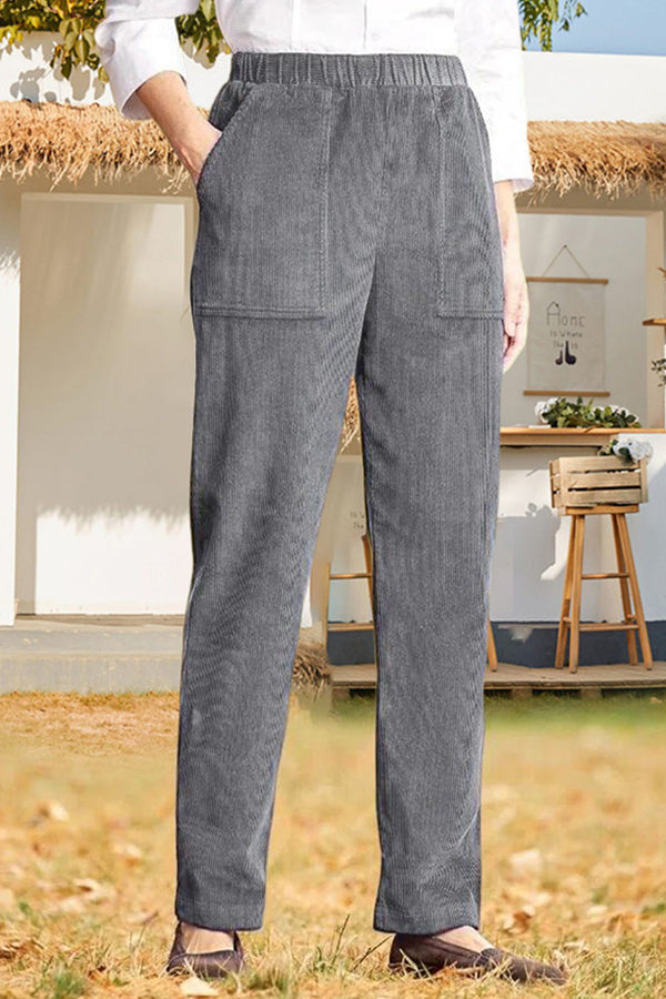 Solid color elastic waist striped straight casual pants Grey