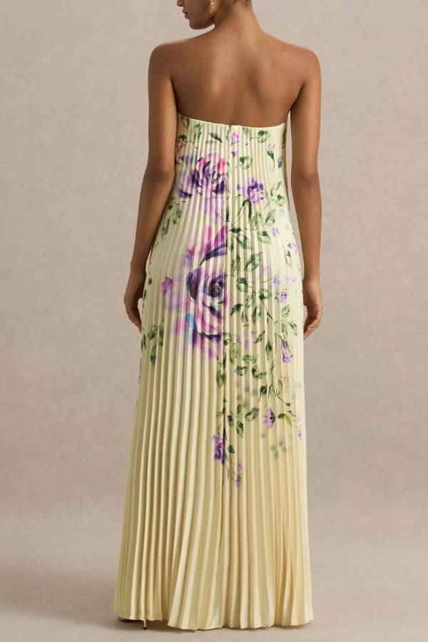 Für jeden Anlass: Satin-Maxikleid mit Plissee und Blumenmuster und V-Bügel-Bandeau-Ausschnitt 