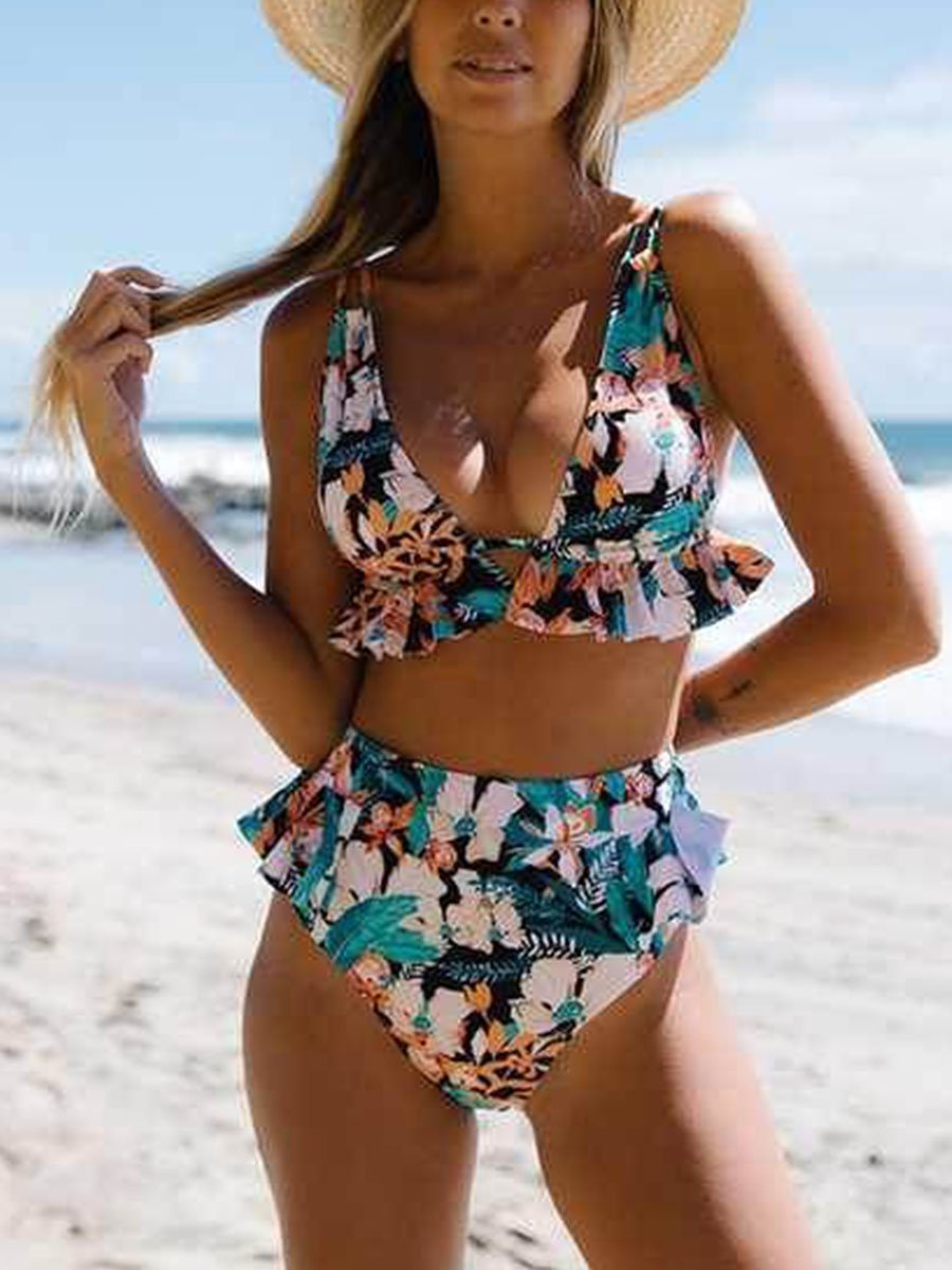 Ruffle Printed Bikini Black