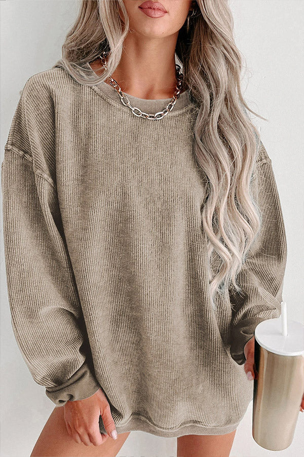 Solid Ribbed Round Neck Pullover Sweatshirt Khaki
