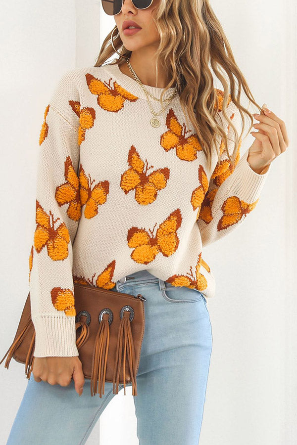 Three-dimensional butterfly women's loose autumn and winter long-sleeved sweater apricot