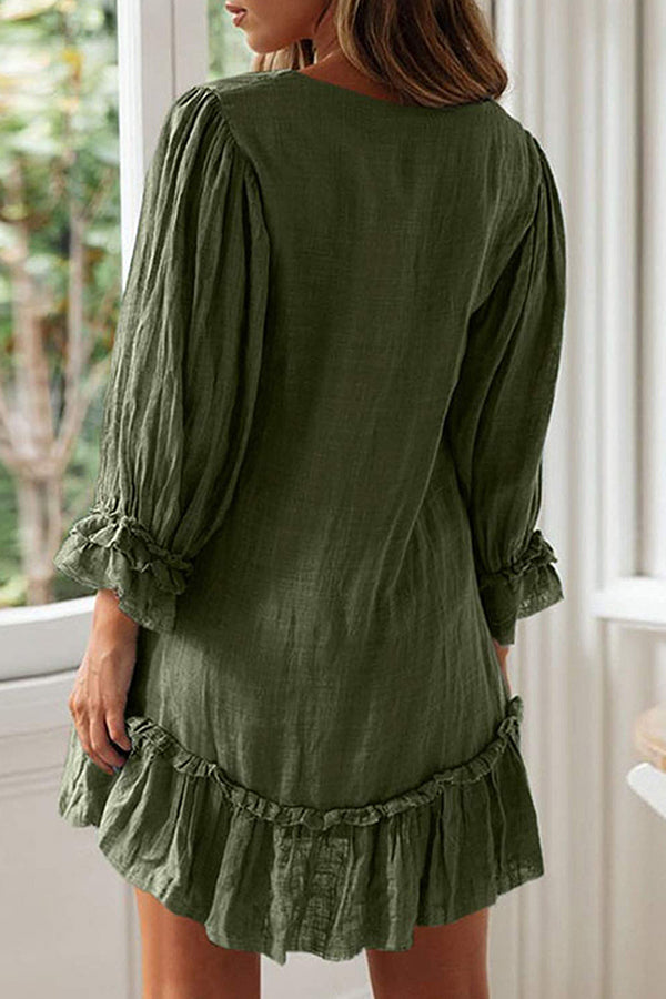 Loose Long Sleeve Ruffle Hem Cotton Linen Dress
