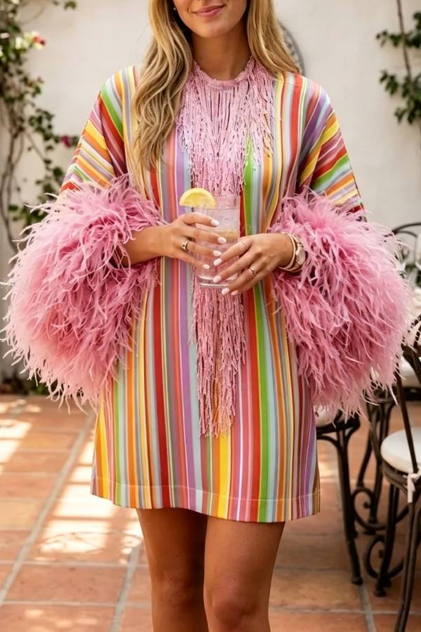 Rainbow Striped Feather Tassel Mini Dress