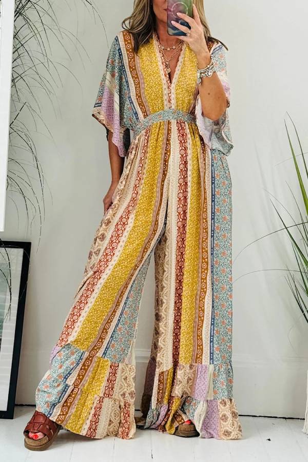 Last Queen Retro Floral Flare Sleeve Pocketed Loose Wide Leg Jumpsuit Yellow