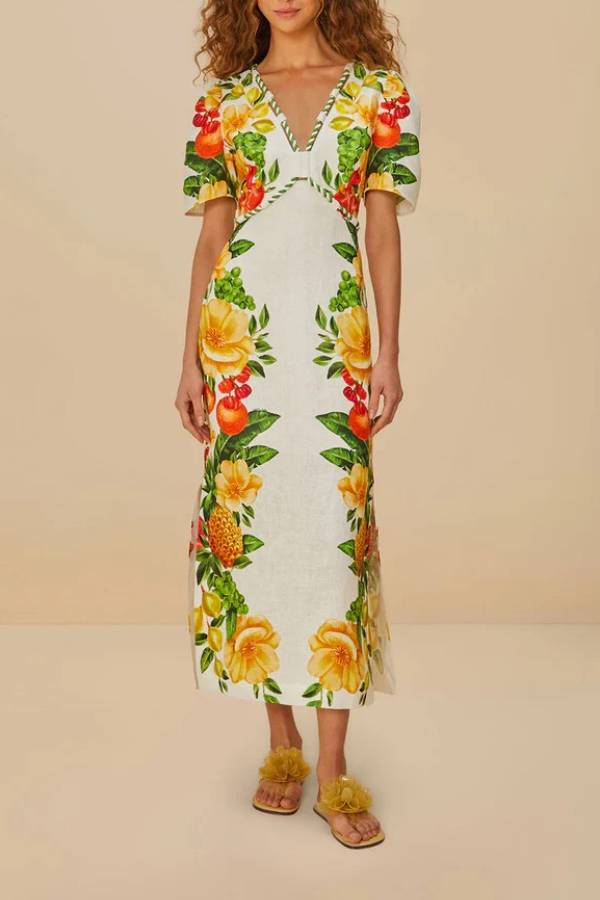 Picnic Flowers Linen Blend Floral Print Puff Sleeve Braided Rope Trim Maxi Dress