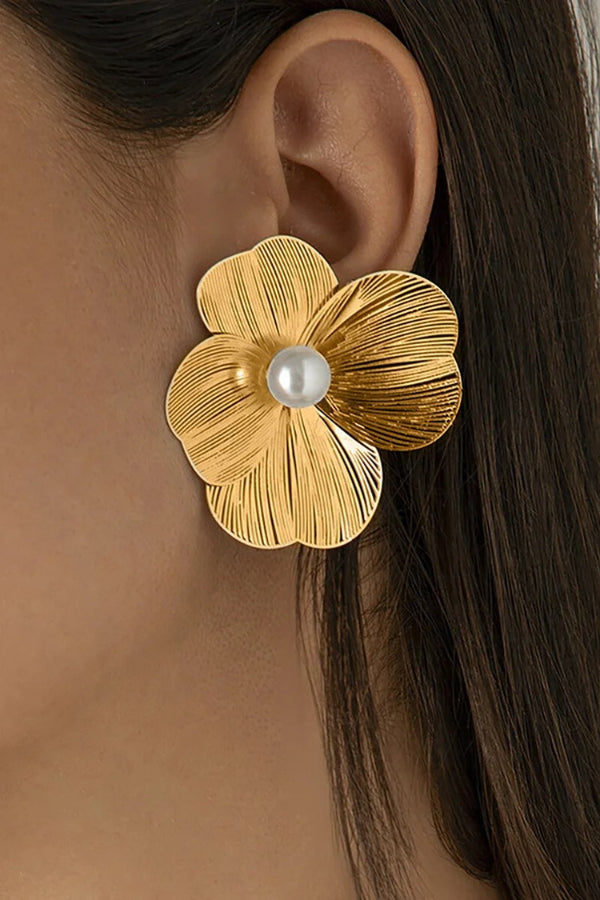 Faux Pearl Decor Oversize Floral Alloy Stud Earrings Earrings Silver2 one size