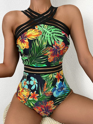 Sheer Stripe Print One Piece Swimsuit Green