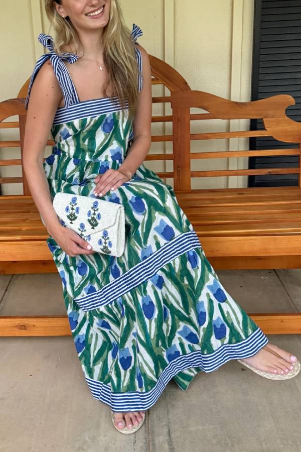 Striped Bow-Strap Printed Tiered Maxi Dress