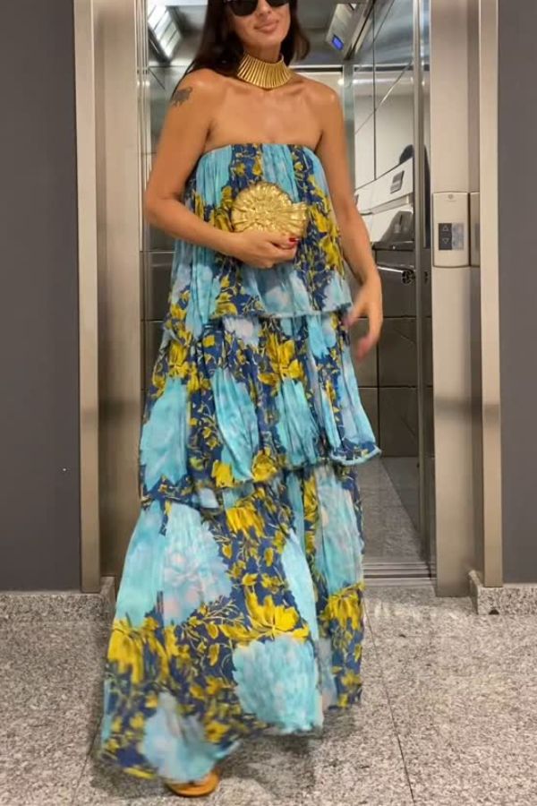 Robe longue sans bretelles à volants superposés et imprimé floral contrasté Cecily 