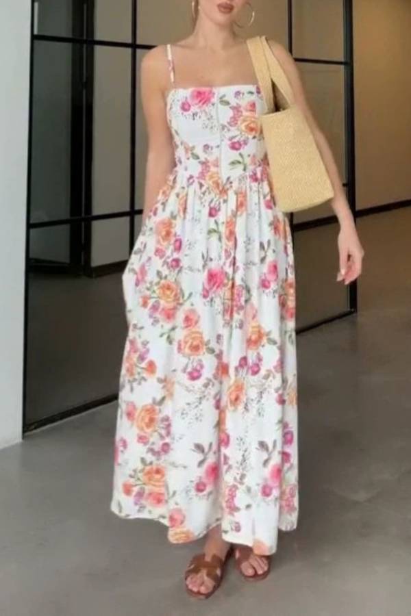 Thin Strap Square Neck Boned Corset Floral Midi Swing Dress