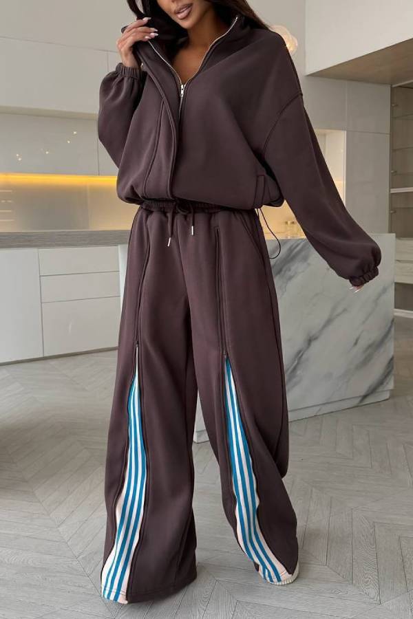 Stand‑Collar Zip‑Up Loose Tracksuit Two‑Piece Set