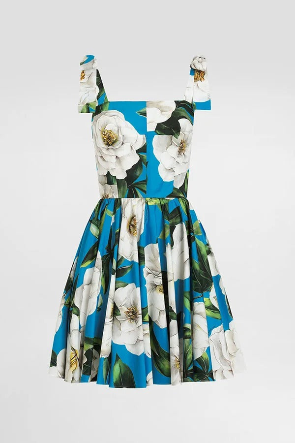 Frisches und romantisches Minikleid mit Blumenmuster, quadratischem Ausschnitt und geknoteten Trägern