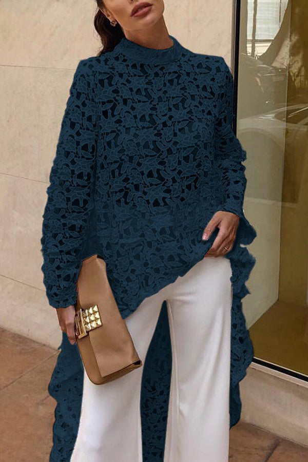 White Crochet Lace Cutout Long Sleeve Top Navy blue