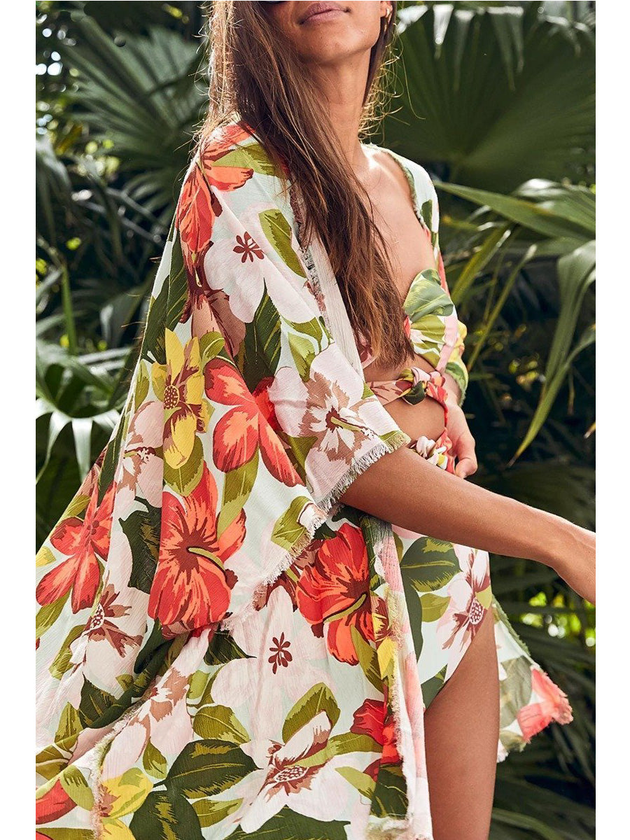 Floral Print Knot Design Orange One-piece Swimsuit Orange Cover Ups One Size