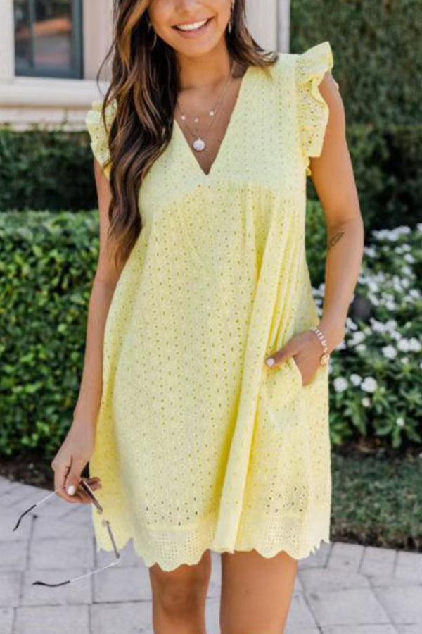 Women's lace stitching hollow V-neck dress Yellow