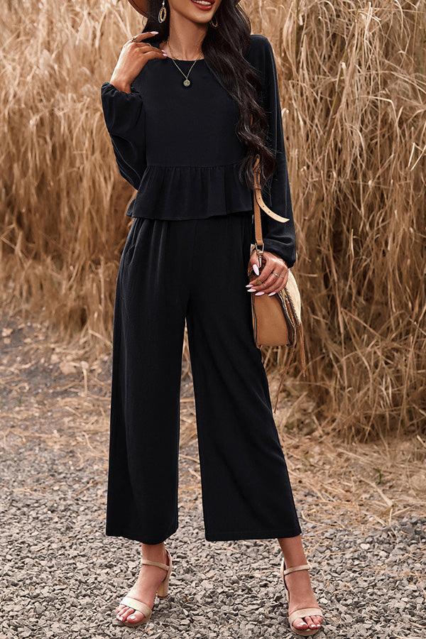 Temperament casual suit solid color long-sleeved top loose trousers