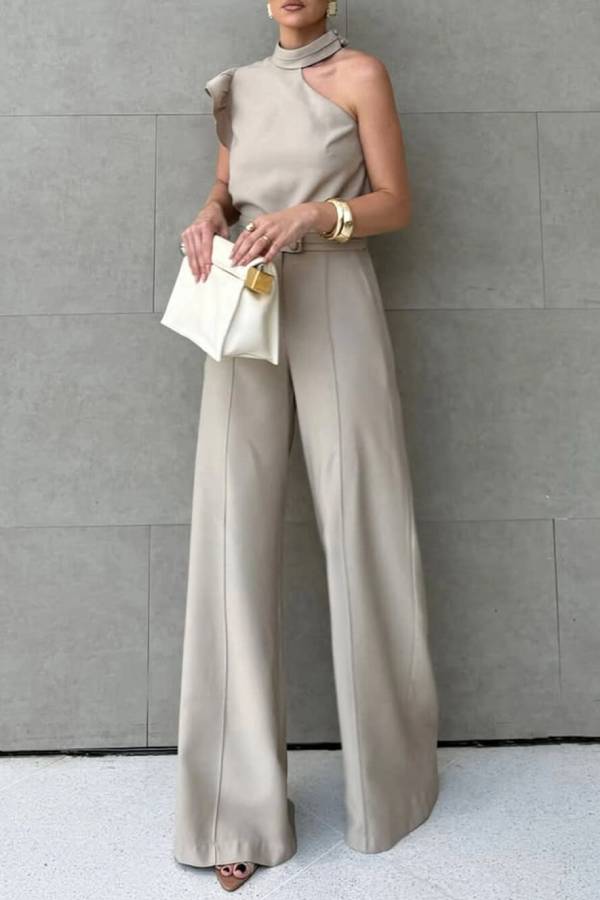Ensemble haut à volants asymétrique tendance et pantalon de costume droit simple et décontracté 
