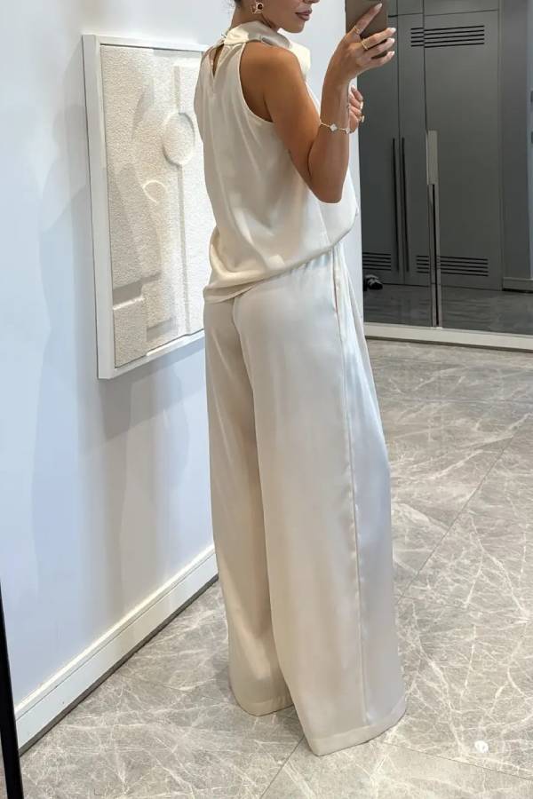 Classic on You Satin High Cowl Neck Top and Elastic Waist Pocket Loose Pants Set