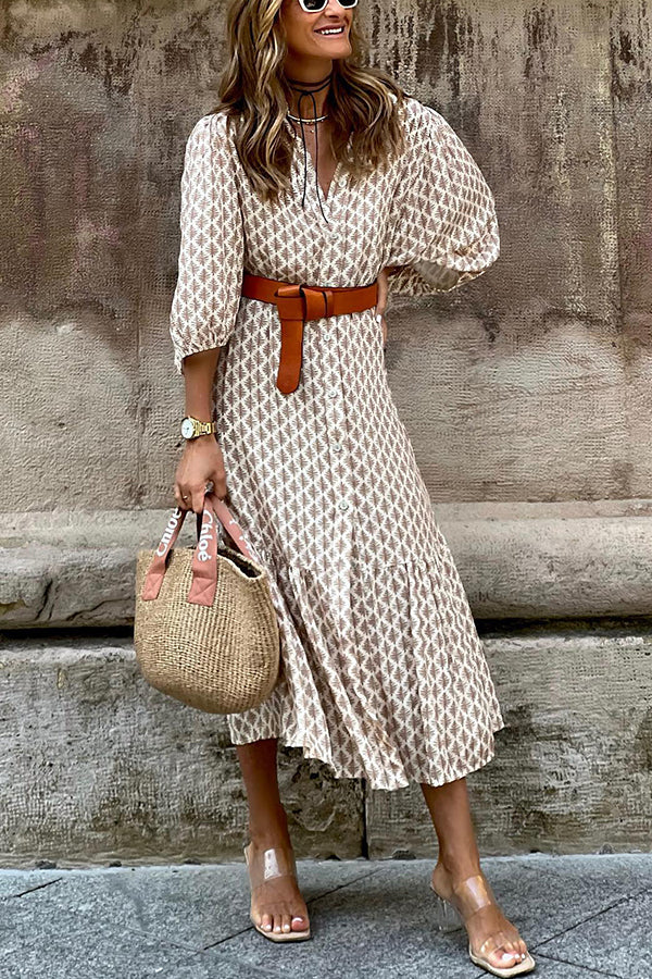 Summer retro corner print v-neck cropped puff sleeve dress (with belt) Khaki