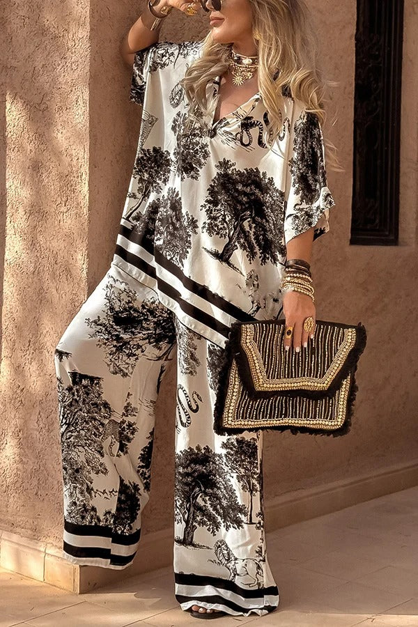 Tree Shadow Print V-Neck Short Sleeve Loose Top and Elastic Waist Casual Wide Leg Pants Set