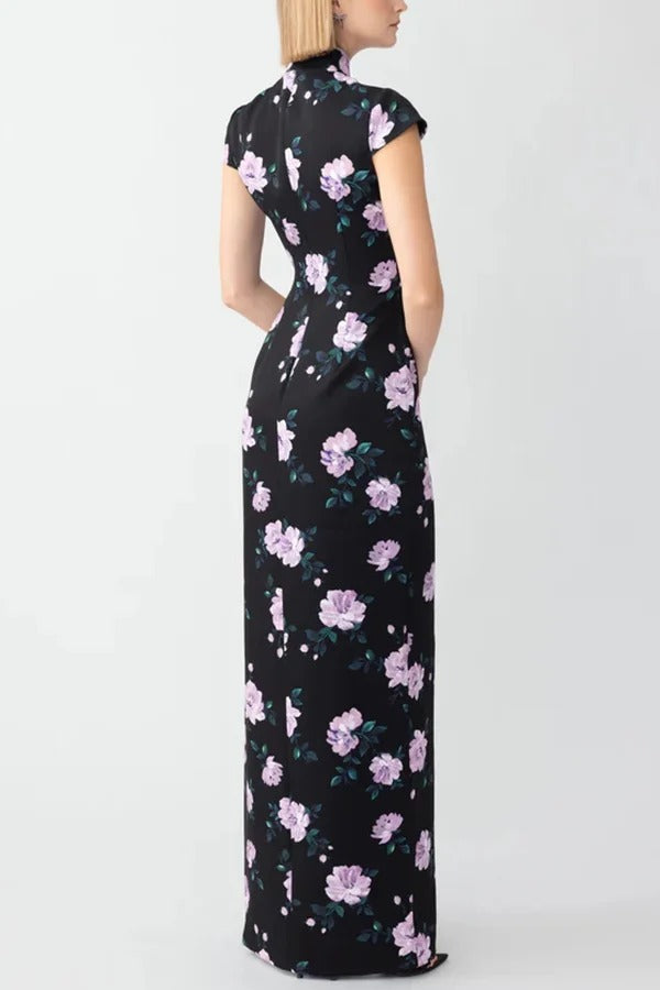 Lavender Flower Print Cutout Bow Details Thigh-high Slit Cheongsam Maxi Dress