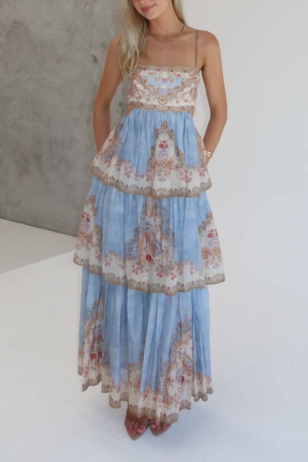 Vintage Paisley Print Lace-Up Backless Tiered Maxi Dress