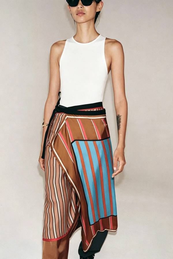 Fun Pairings Satin Colorblock Striped Print Wrap Tie-up Midi Skirt