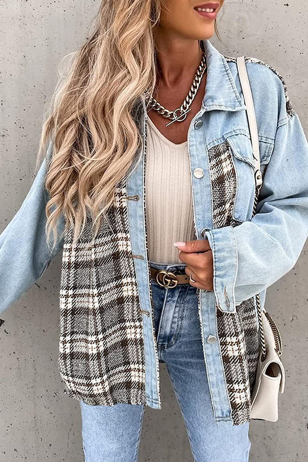 Denim Jacket Long Sleeve Check Button Down Shirt Jacket Top Blue