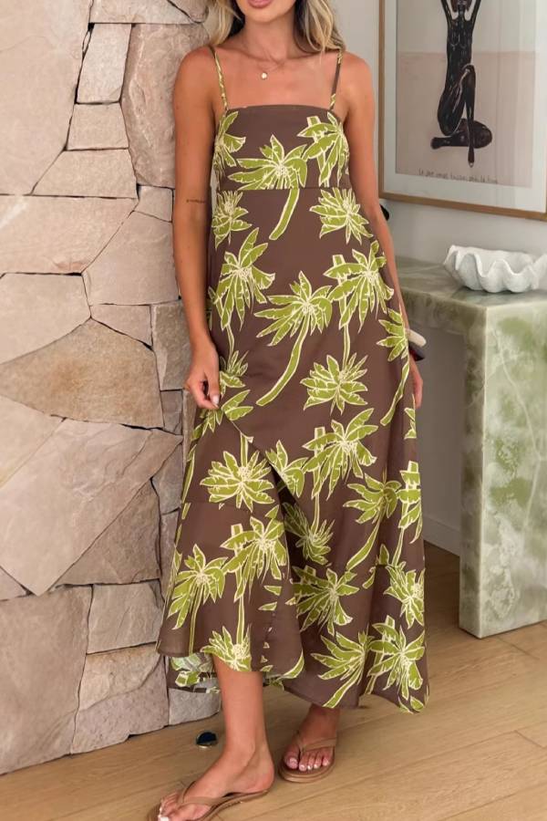 Palm Tree Print Square-Neck Cami Vacation Maxi Dress