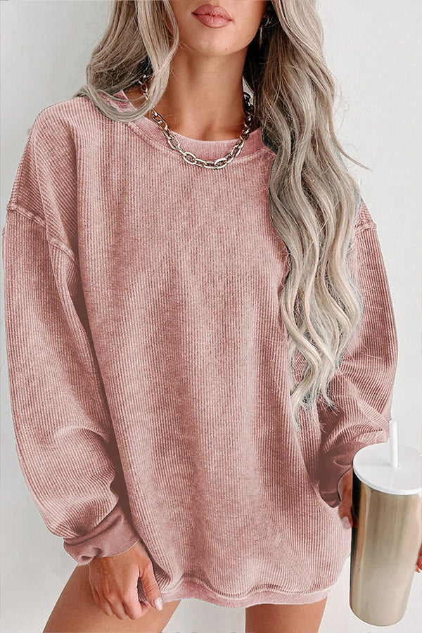 Solid Ribbed Round Neck Pullover Sweatshirt Pink