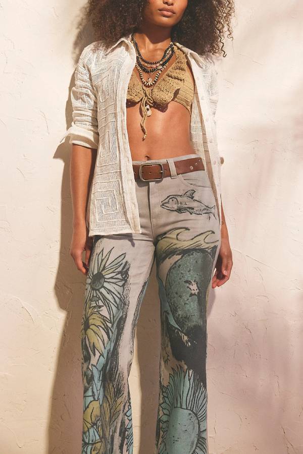 Vintage Art‑Print High‑Waist Flare Jeans