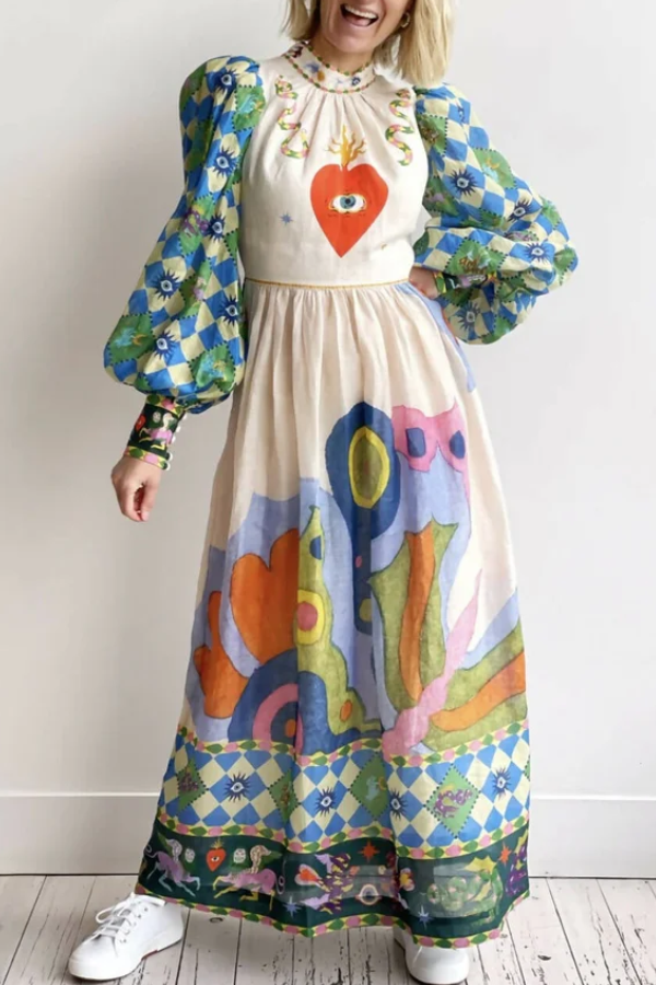 Dear To My Heart Unique Print Lantern Sleeve A-line Midi Dress Multicolor