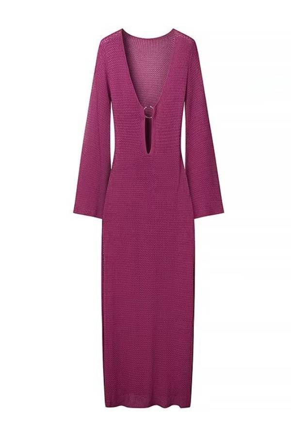 Deep V Metal Ring Cutout Long Sleeve Side Slit Knit Maxi Dress