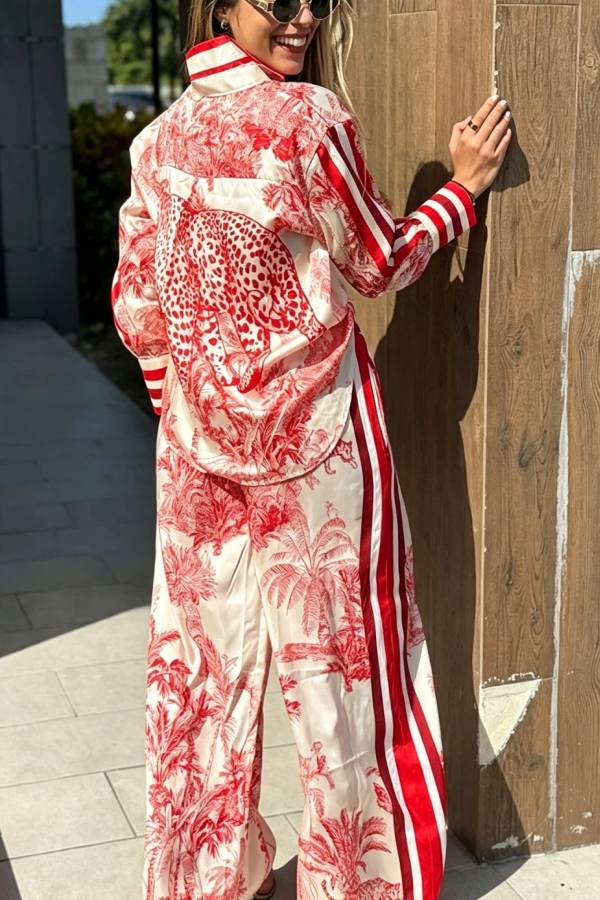 Esella Satin Jungle Print Long Sleeve Shirt and Elastic Waist Pocket Wide Leg Pants Set