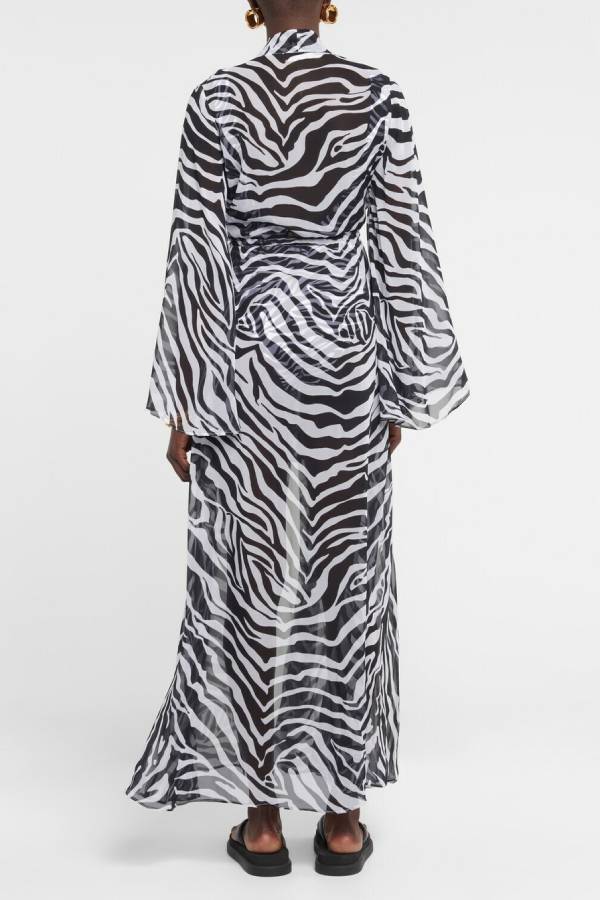 Marsie Zebra-print Elastic Drawstring Waist Long Bell Sleeve Cover-up Kimono