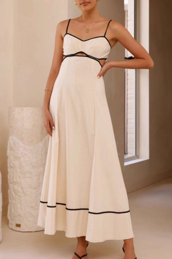 Thin Spaghetti Strap Color-Blocked Binding Cutout Back Bow Flared Hem Maxi Dress