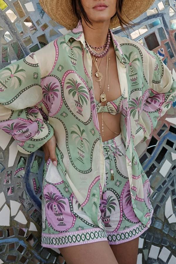 Tropical Style Linen Blend Unique Print Long Sleeve Shirt and Elastic Waist Pocket Shorts Set
