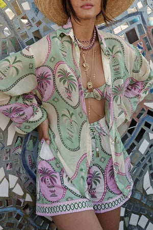Tropical Style Linen Blend Unique Print Long Sleeve Shirt and Elastic Waist Pocket Shorts Set