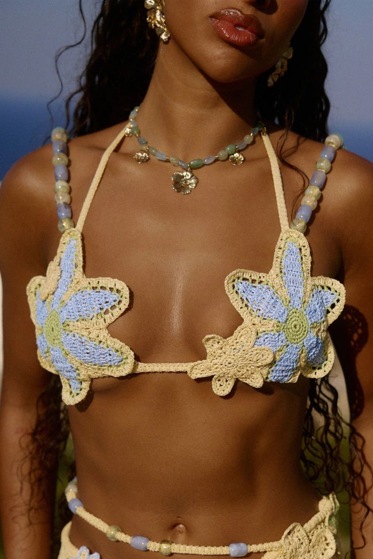 Reina Knit Crochet Handmade Flower Beaded Strap Stretch Bralette