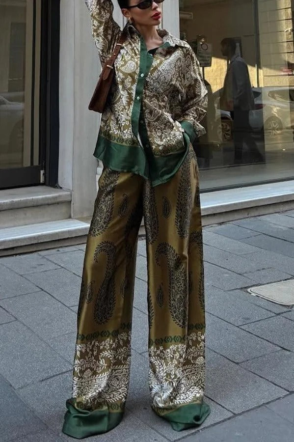 Naya Satin Contrast Color Paisley Long Sleeve Shirt and Elastic Waist Pocketed Pants Set
