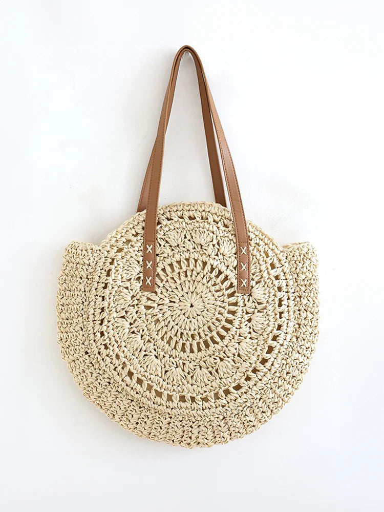 Round Straw Tote Bag Beige ONE SIZE