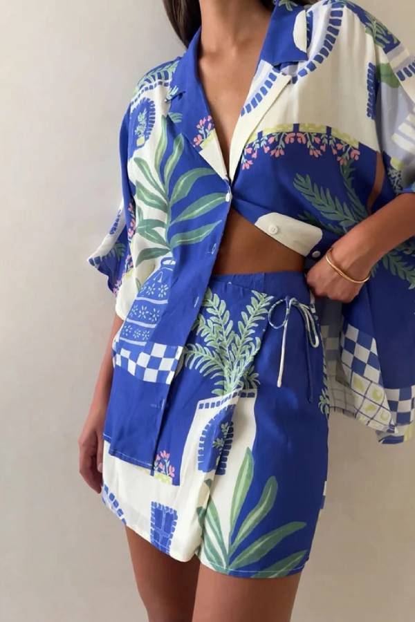 Fashion Holiday Print Shirt & Skirt Two-Piece Set Blue